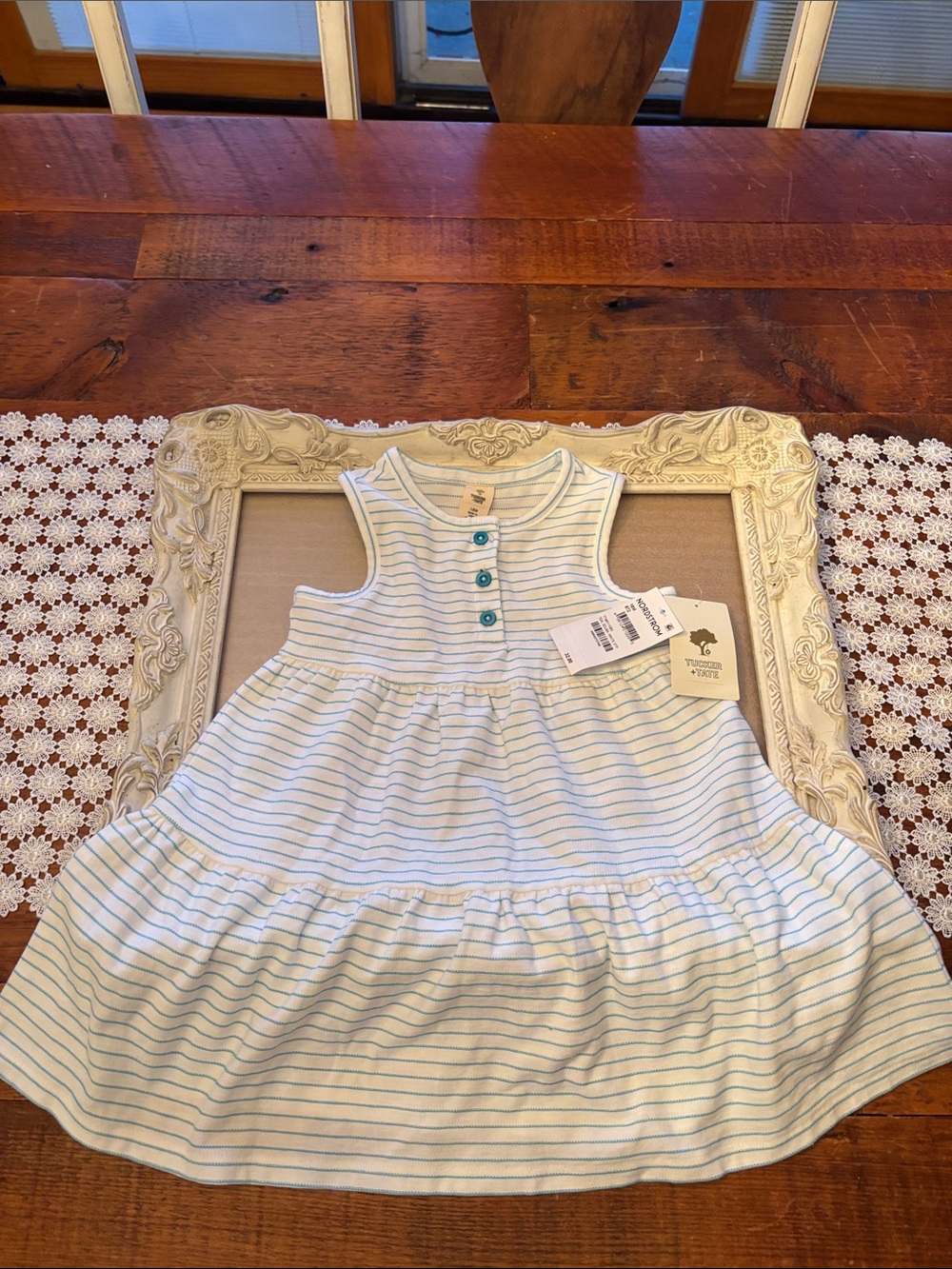 Tucker White Dress with Light Blue Stripes